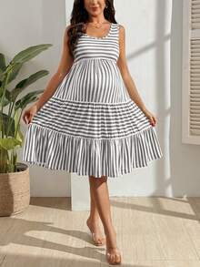 SHEIN Vestido casual de maternidad de cuello redondo sin mangas a rayas - Multicolor - Ver 6