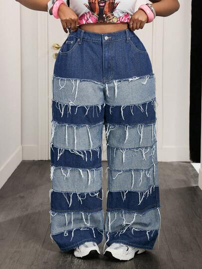 Slaydiva Plus Size Women High Waist Pockets Frayed Hem Wide Leg Loose Jeans