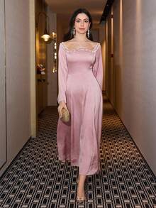 Modelyn Women's Elegant Romantic Long Dress With Embossed Texture, Cinched Waist, A-Line Silhouette, Long Sleeve, Spring/Summer - Pink - View 1