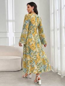 Al Najma 女士V领印花系带设计优雅收腰阿拉伯风格派对旅行连衣裙 - 黃色 - 查看 2