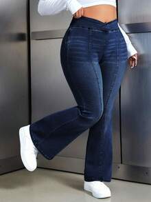 Flexra Quần jeans ống loe cạp trễ bất đối xứng cho nữ cỡ lớn - Rửa tối - Xem 8