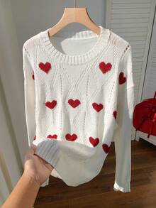 SHEIN EZwear Women's Round Neck Drop Shoulder Long Sleeve Jacquard Heart & Diamond Pattern Knit Sweater - Apricot - View 3