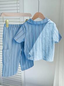 SHEIN 2pcs/Set Baby Boy/Girl Comfortable Casual Versatile Khaki Striped Collar Short Sleeve Shirt Knit Top And Pants Set, Suitable For Spring/Summer Indoor, Outdoor, Daily, Sports, Play, Party, Photo Shoot, Holiday, Festival - Baby Blue - View 2