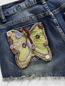 ROMWE Fairycore Women's Retro Vintage Floral Applique Bow Button Decor Super Low Waist Mini Denim Shorts - Blue - View 4