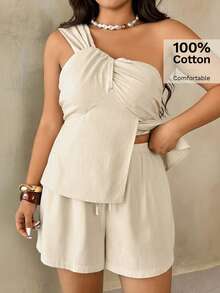Auralis Conjunto de 2 piezas de lino y algodón beige para mujer, estilo casual elegante de verano para vacaciones y días festivos, top con nudo retorcido, tirantes anchos y bajo asimétrico & shorts con cordón - Albaricoque - Ver 2