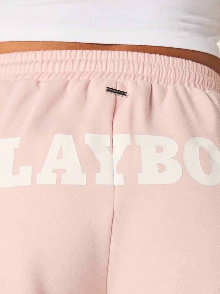 Missguided x Playboy Logo Jogger Shorts High Rise Elastic Waistband Drawstring Regular Fit Mid Thigh Length Casual Comfort Loungewear Summer