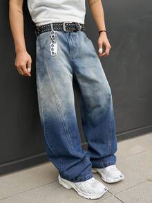 EVRINFINITE 男士休闲宽松破洞喇叭蓝色牛仔裤 - 深色水洗藍 - 查看 7