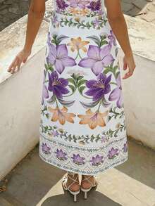 CAJUNI Elegant White Straight Wrap Skirt With Romantic Floral Print. - Purple - View 4