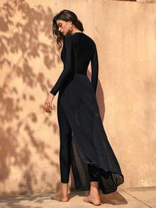 Swim Shayni Women's Modest Black Solid Color Zipper Long Sleeve Top And Long Pants Burkini Set With Skirt,Summer Beach Vacation Wrap Around Dresses For Party - Black - View 2