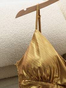 Franclia French Niche Spaghetti Strap Dress, Metal Series Slimming Dress - Gold - View 3