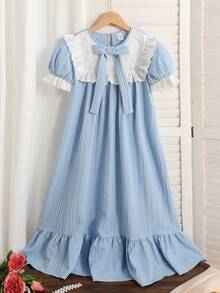 SHEIN Bộ đồ ngủ cho bé gái tuổi teen, tay phồng, chất liệu jacquard, kiểu áo ngủ mặc nhà. - Xanh và trắng - Xem 6