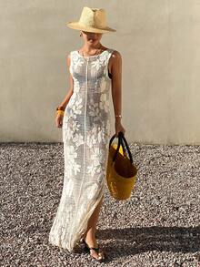 DAZY 女士钩针镂空波西米亚风罩衫，夏季度假必备 - 米色 - 查看 5