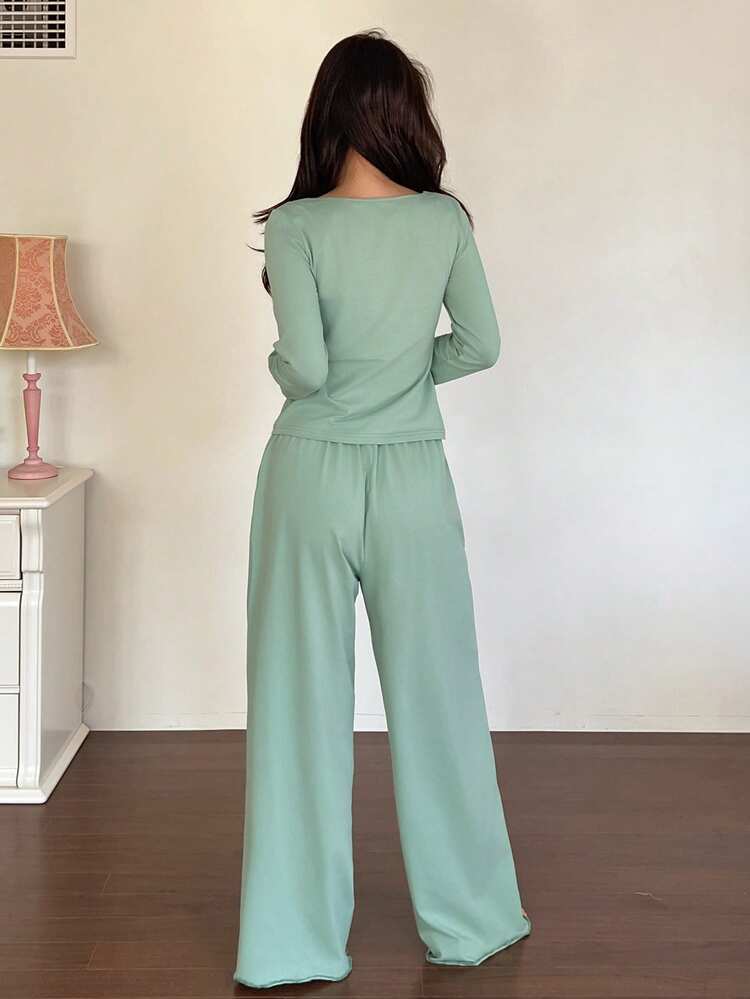 2pcs Women Lace Trim Faux Lace Print Long Sleeve T-Shirt And Loose Straight Leg Long Pajama Pants Sleepwear Set, Spring