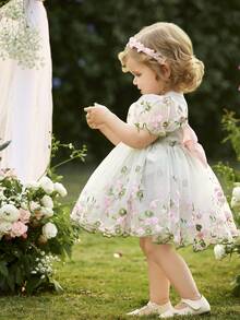 Baby Girl's Elegant Flower-Embroidered Net Ruffled Back Three-Dimensional Bow Dress In Summer, Princess Dress, Birthday Dress, Party Dress, Wedding Season, Flower Girl Dress - Green - View 6