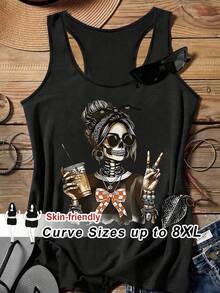 SHEIN CURVE+ 大码女式休闲蝴蝶结卡通印花百搭日常上衣 - 黑色 - 查看 1