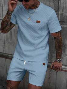 Manfinity CasualCool Men's V-Neck Ribbed T-Shirt + Drawstring Shorts Set - Blue - View 5