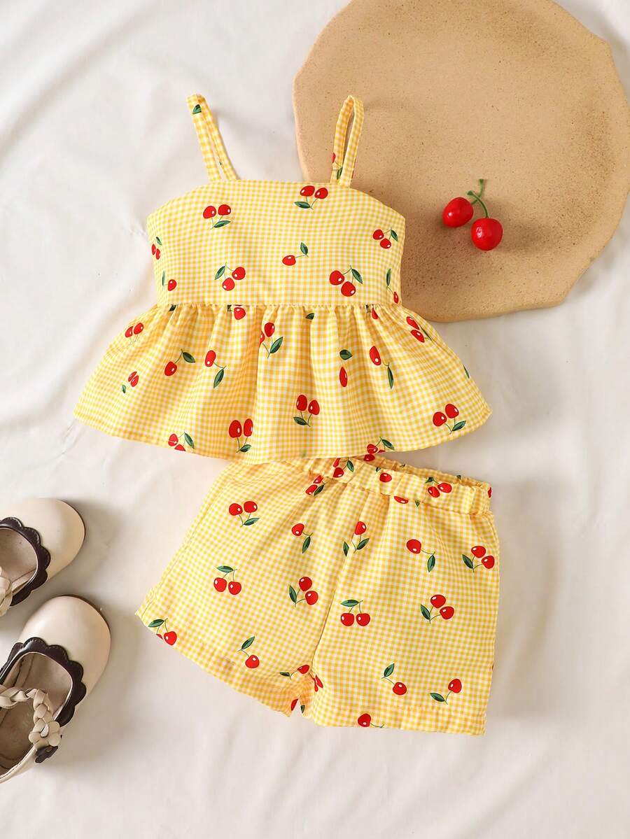 SHEIN Vintaside Kids 2pcs/Set Baby Girl Spring&Summer Vacotion Style Cherry&Plaid Printing Slip Top&Short Pants Cherry Toddler Set - Yellow - View 1