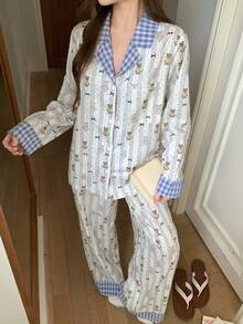 DAZY 2pcs Women Plaid Patchwork Cute Bear & Polka Dot Pattern Loose Cardigan Long Sleeve & Straight Leg Long Pajama Pants Set, Spring - Blue - View 10