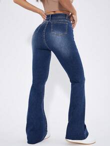 SHEIN EZwear Quần jeans ống loe cạp cao màu xanh denim đã giặt - Rửa nhẹ - Xem 4