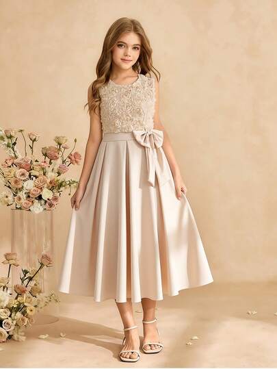 SHEIN Girls' Elegant Floral Mesh Dress With Detachable Bowknot Decor, Sleeveless Solid Color Long Dress For Spring/Summer, Suitable For Graduation And Wedding Occasions