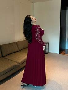 Vibekara 大码女士性感派对蕾丝拼接A字长裙，蕾丝长袖，胸部褶皱设计，优雅复古浪漫修身可爱薄纱连衣裙，适合日常穿着、返校、生日、派对、婚礼宾客、感恩节、春节、春季、秋季、夏季等场合。 - 酒紅色 - 查看 2