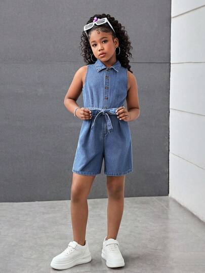 少女时尚休闲 Y2K 复古酷炫街头宽松舒适深蓝色牛仔宽松无袖衬衫式牛仔连体短裤，适合儿童日常穿着，也适合春夏派对、节日和街头服饰。