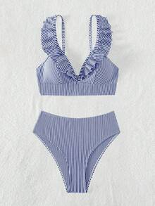 Swim Lushoire Women's V-Neck Ruffle Striped Summer Bikini Swimsuit Set,Valentine Outfits For Women ,Summer Vacation Outfits - Multicolor - View 5