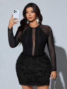 Viva Relle Plus Size Women Shiny Mesh Round Neck Long Sleeve Furry Hem Fitted Elegant Dress - Black - View 3