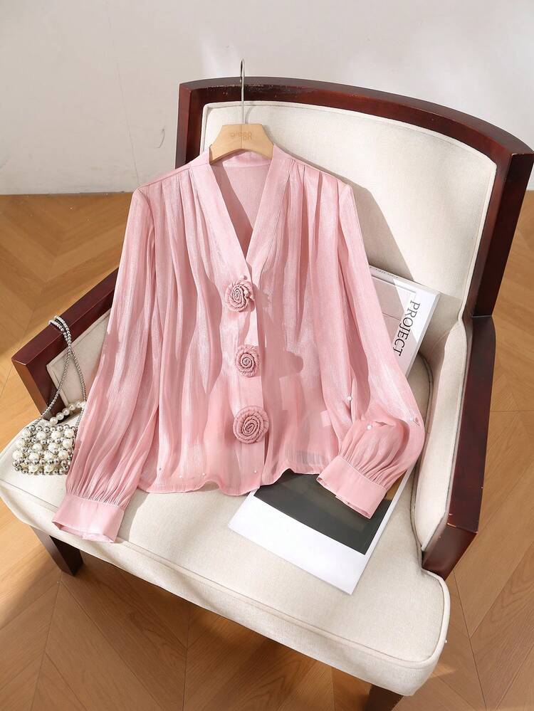 Women's Solid Color Minimalist Daily Wear V-Neck Long Sleeve Shirt With 3D Floral Decor