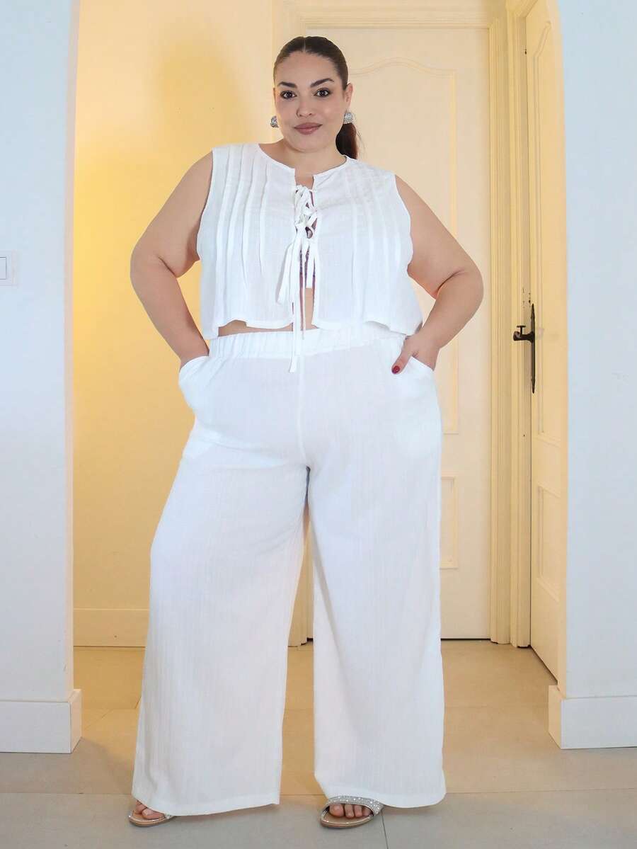 Pretty and Ole Plus Size Women's Boho Beach Music Festival Tropical Vacation Outfit, Casual Sleeveless Ruffle Tie Blouse And Straight Pocket Pants Set, Suitable For Spring/Summer Daily Wear - White - View 1