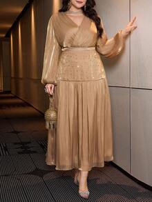 Modelyn Plus Size Women Elegant Lantern Sleeve Top & Rhinestone Embellished Skirt 2 Piece Set, Spring/Autumn - Champagne - View 1