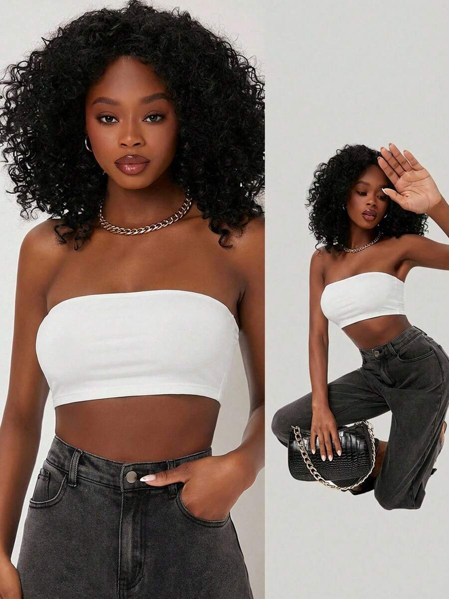 SHEIN BASICS 女款純色修身短版細肩帶背心上衣 白色 日常白天居家穿著 夏季 極簡基礎端莊款