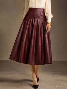 MOTF PREMIUM WOMEN'S ENCORE RED PU LEATHER PLEATED A-LINE SKIRT - Red - View 7