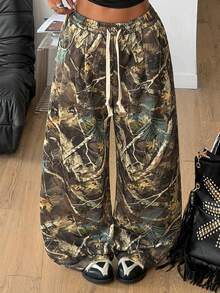 Coolane 女士春夏街头风锐舞朋克Y2K树枝图案森林印花舒适宽松阔腿裤 - 棕色 - 查看 4