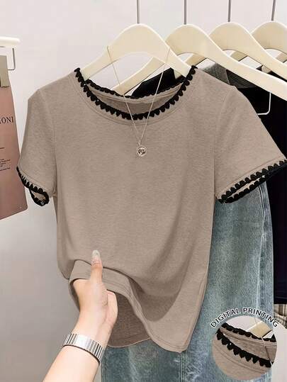 Resyla 大码女式圆领撞色滚边休闲日常短袖T恤