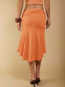 COSMINA Women's Elegant Asymmetrical Ruched Brown Skirt, Suitable For Spring And Summer Vacation - Orange - View 2