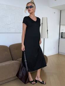 SHEIN Vestido casual de manga corta con cuello en V de unicolor para maternidad, /verano - Negro - Ver 6