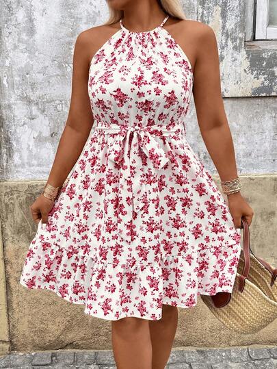 Breezaya Plus Size Elegant Floral Print Halter A-Line Dress, Flattering Bow Waist Belt, Patchwork Hem Design, Suitable For Daily Commute, Outing And Party Wear