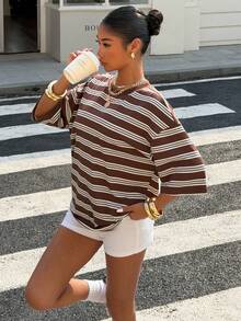 Muchica Women's Brown Striped Loose Fit Short Sleeve T-Shirt, Summer New Arrival - Brown - View 4