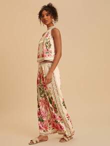 Travachic 两件套浪漫花卉边饰吊带背心和裤子套装 - 粉色 - 查看 6