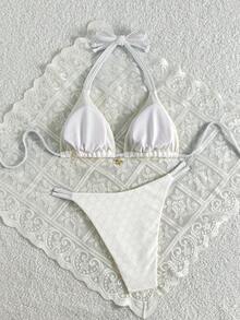 Swim Mod Bộ bikini buộc dây cổ trước phối màu tương phản dành cho nữ - trắng - Xem 2