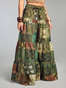 ROMWE Hippie Quần ống rộng in họa tiết chắp vá phong cách thường ngày cho kỳ nghỉ - Nhiều màu - Xem 5