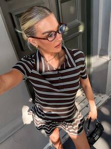 Siren Gaze Women's Striped Polo Collar Short Sleeve T-Shirt And Mini Skirt Casual 2 Pieces Set - Multicolor - View 2