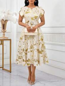 SHEIN Lady 女士优雅箔印花卉花瓣袖连衣裙，夏季 - 彩色 - 查看 7