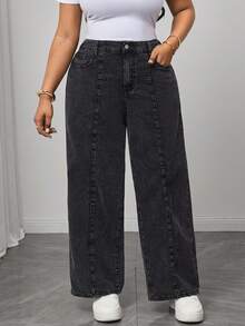 Truni Plus Size Casual Washed High Waist Wide-Leg Jeans, For Pear And Triangle Body Shape - Black - View 4