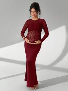 Cheriluna Maternity Vestido de fotografía de maternidad de unicolor con mangas largas de encaje, volantes largos y dobladillo de sirena - Burdeos - Ver 7
