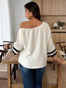 Weeklong Plus Size Women Spring/Summer Asymmetric Collar Contrast Trim Casual Vacation Shirt - Apricot - View 2