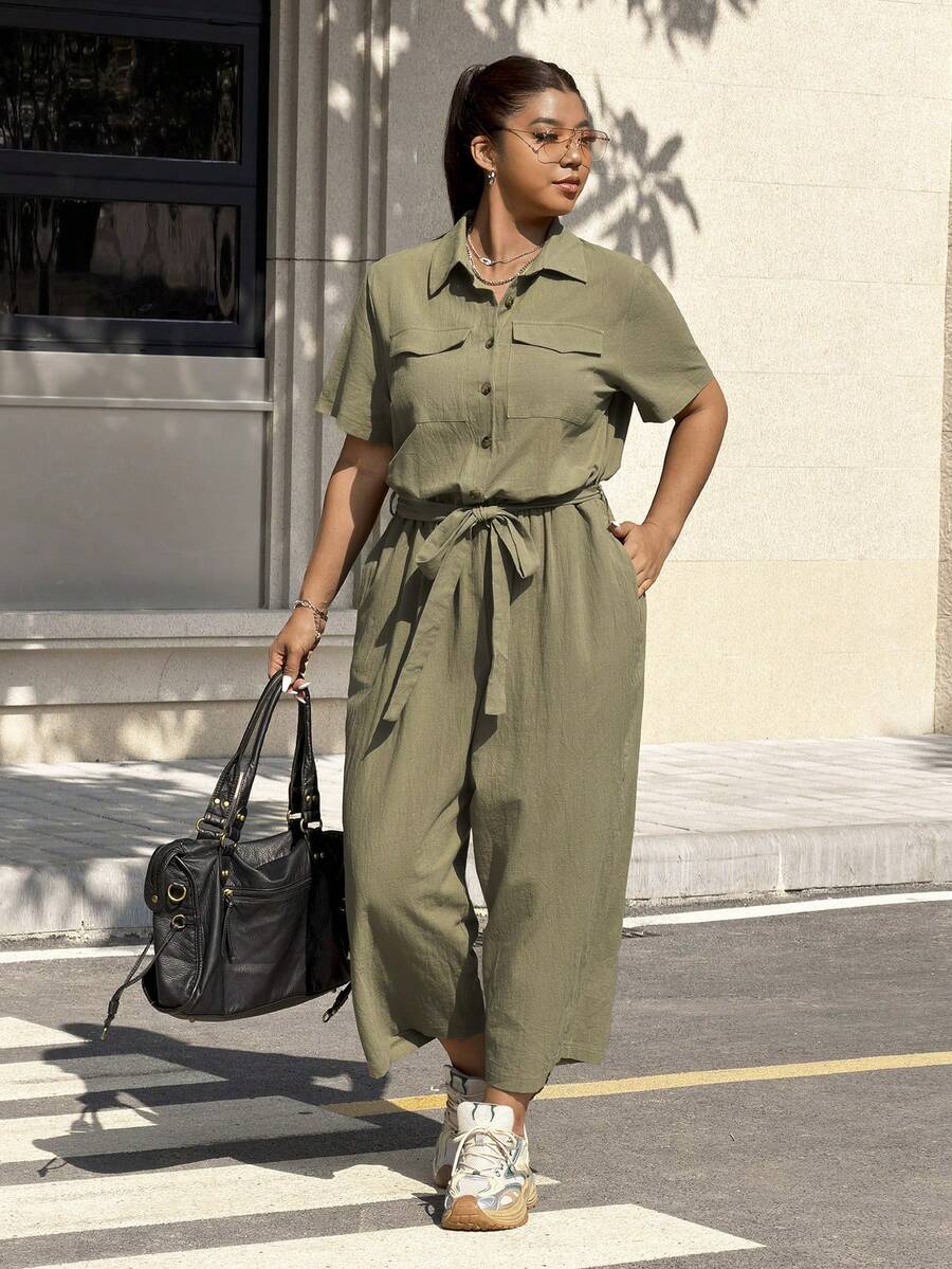 Muchica Plus Size Women's Solid Color Short Sleeve Button Design Cargo Pocket Jumpsuit, Spring/Summer - Army Green - View 1