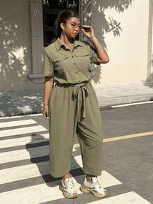Muchica Plus Size Women's Solid Color Short Sleeve Button Design Cargo Pocket Jumpsuit, Spring/Summer - Army Green - View 3