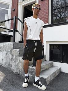 PAVTROS Men's Cross Pattern Round Neck Tank Top And Drawstring Waist Shorts Set - Black - View 7